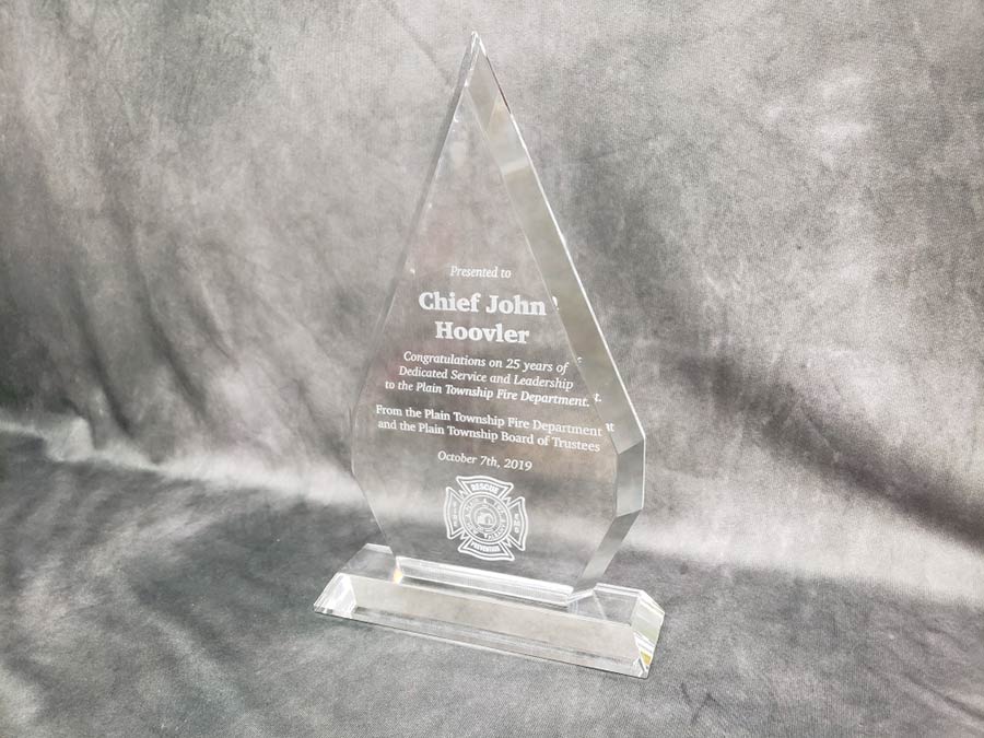 This 10” Crystal award was laser etched to give the text a nice frosted white look. The etching really stands out with a bit of lighting.”